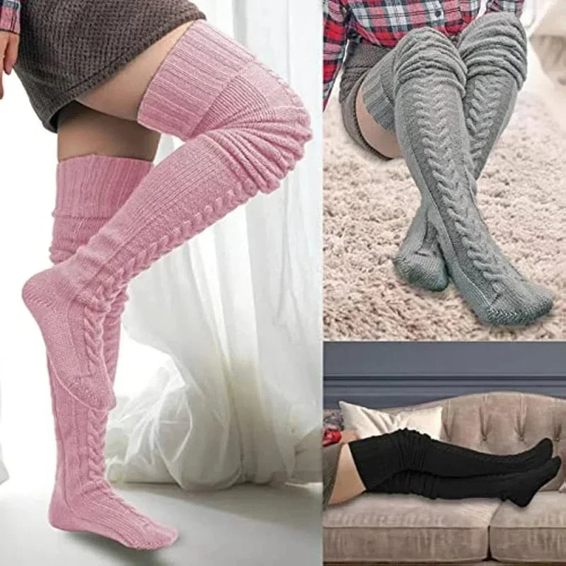 Women's Autumn Winter Thigh-High Socks - Wool & Acrylic Fibers Foot Warmers Fashion Lady Stockings with Cute Solid Color Design