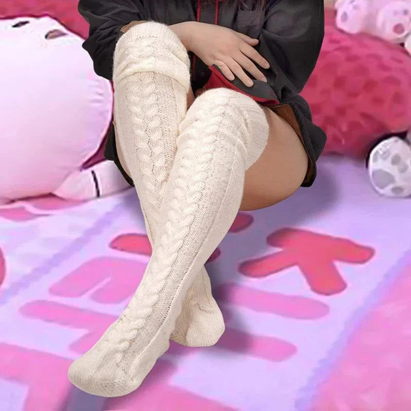 Women's Autumn Winter Thigh-High Socks - Wool & Acrylic Fibers Foot Warmers Fashion Lady Stockings with Cute Solid Color Design