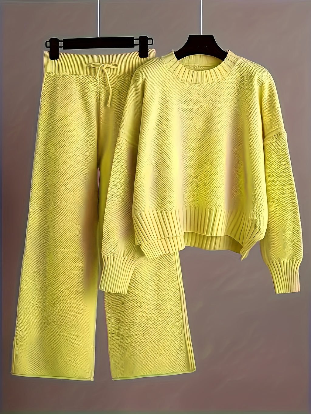 Ladies' Early Autumn New Sweater Fashion Two-piece Set: Unique Pattern Round Neck Drop Shoulder Long Sleeve Pullover + Straight Wide Leg Pants Combination, Loose And Casual Series