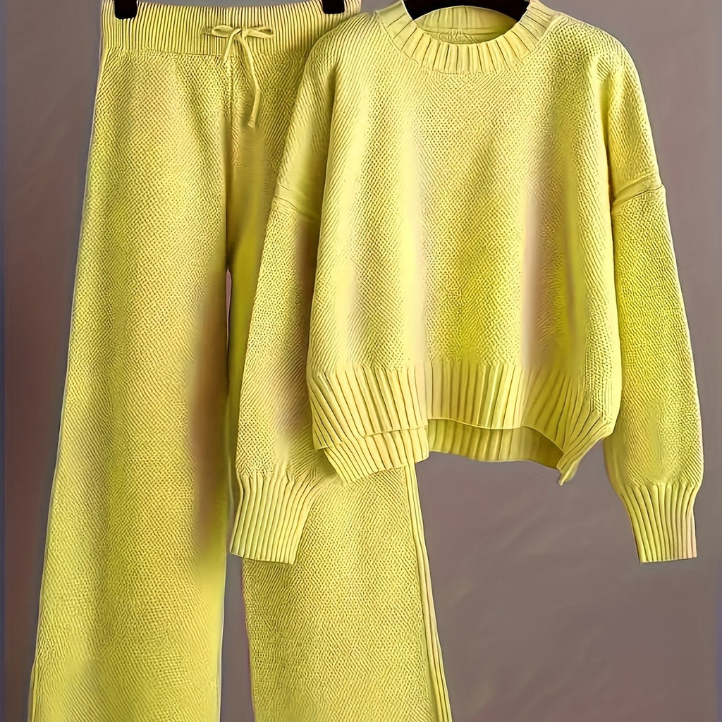 Ladies' Early Autumn New Sweater Fashion Two-piece Set: Unique Pattern Round Neck Drop Shoulder Long Sleeve Pullover + Straight Wide Leg Pants Combination, Loose And Casual Series