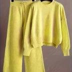 Ladies' Early Autumn New Sweater Fashion Two-piece Set: Unique Pattern Round Neck Drop Shoulder Long Sleeve Pullover + Straight Wide Leg Pants Combination, Loose And Casual Series