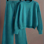 Ladies' Early Autumn New Sweater Fashion Two-piece Set: Unique Pattern Round Neck Drop Shoulder Long Sleeve Pullover + Straight Wide Leg Pants Combination, Loose And Casual Series