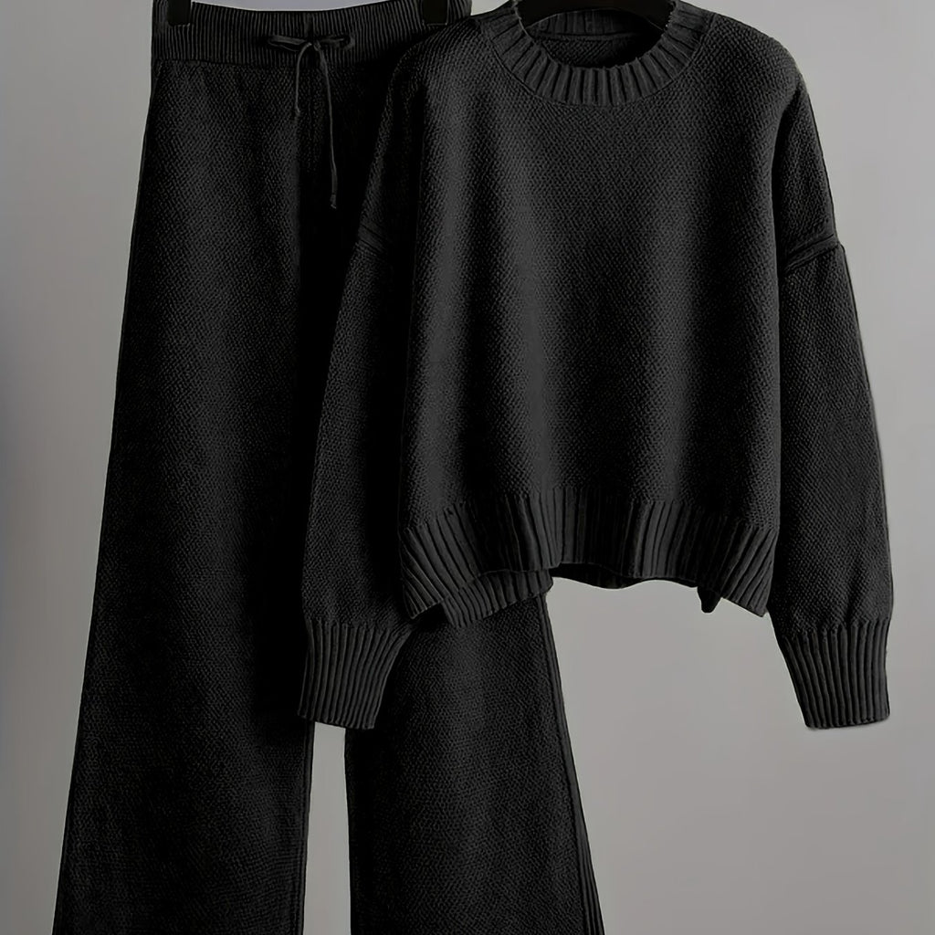 Ladies' Early Autumn New Sweater Fashion Two-piece Set: Unique Pattern Round Neck Drop Shoulder Long Sleeve Pullover + Straight Wide Leg Pants Combination, Loose And Casual Series
