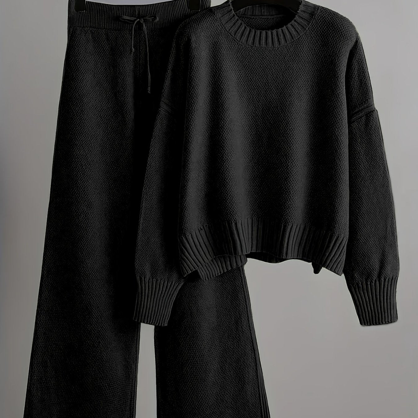 Ladies' Early Autumn New Sweater Fashion Two-piece Set: Unique Pattern Round Neck Drop Shoulder Long Sleeve Pullover + Straight Wide Leg Pants Combination, Loose And Casual Series