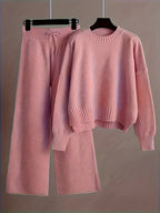 Ladies' Early Autumn New Sweater Fashion Two-piece Set: Unique Pattern Round Neck Drop Shoulder Long Sleeve Pullover + Straight Wide Leg Pants Combination, Loose And Casual Series