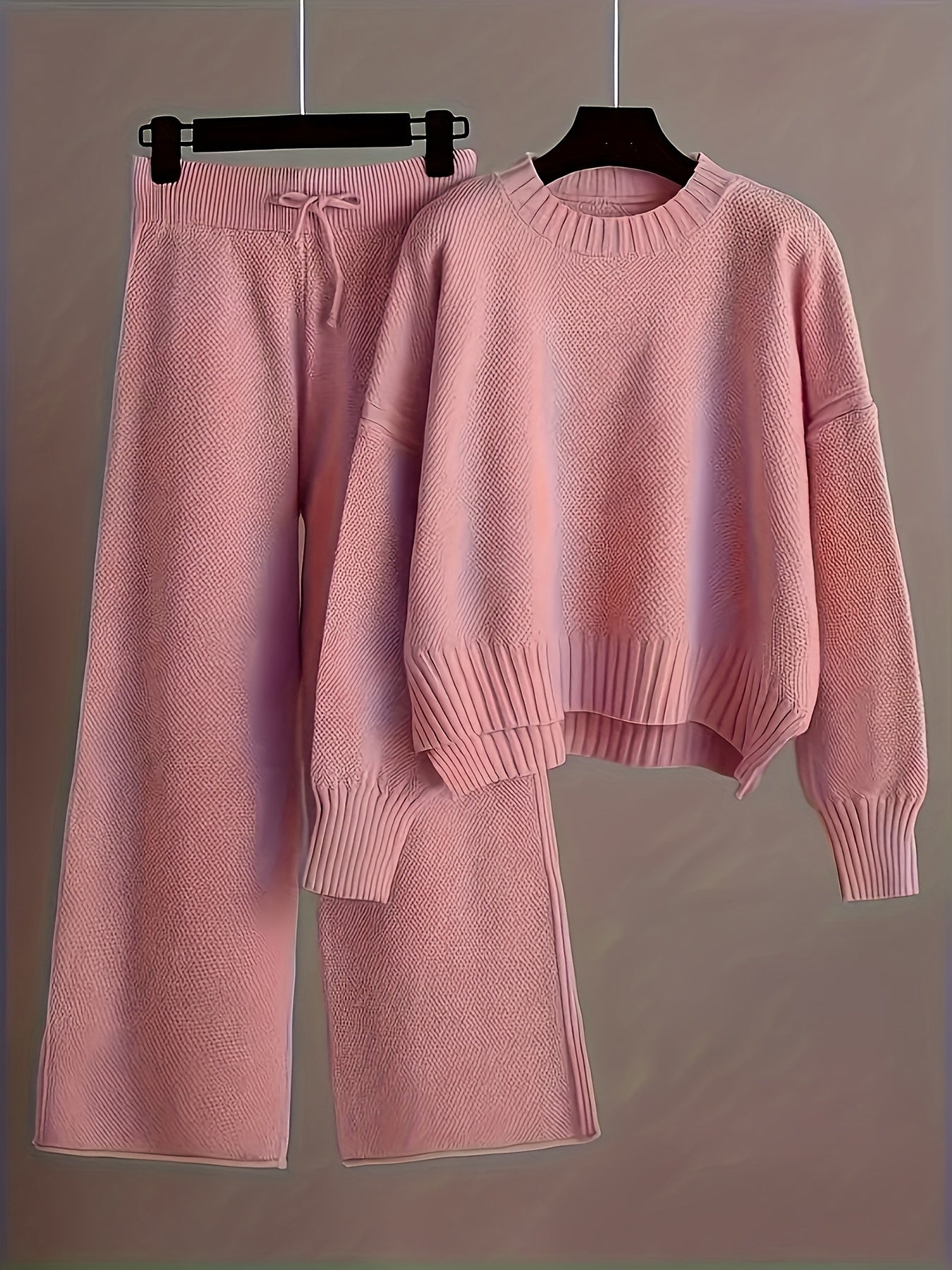 Ladies' Early Autumn New Sweater Fashion Two-piece Set: Unique Pattern Round Neck Drop Shoulder Long Sleeve Pullover + Straight Wide Leg Pants Combination, Loose And Casual Series
