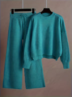 Ladies' Early Autumn New Sweater Fashion Two-piece Set: Unique Pattern Round Neck Drop Shoulder Long Sleeve Pullover + Straight Wide Leg Pants Combination, Loose And Casual Series