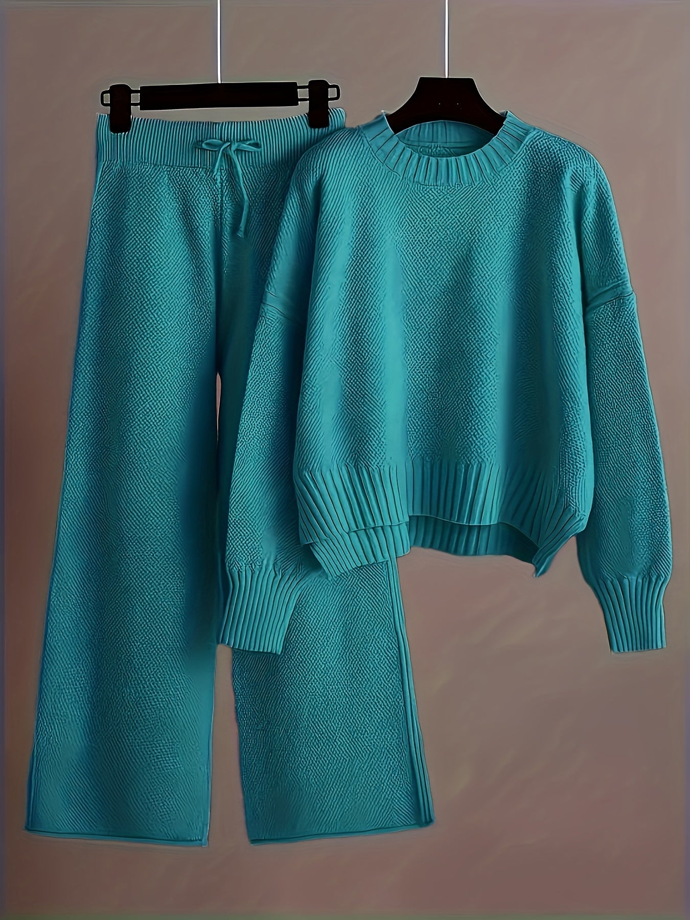 Ladies' Early Autumn New Sweater Fashion Two-piece Set: Unique Pattern Round Neck Drop Shoulder Long Sleeve Pullover + Straight Wide Leg Pants Combination, Loose And Casual Series