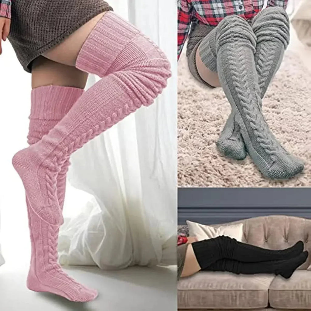 Women's Autumn Winter Thigh-High Socks - Wool & Acrylic Fibers Foot Warmers Fashion Lady Stockings with Cute Solid Color Design