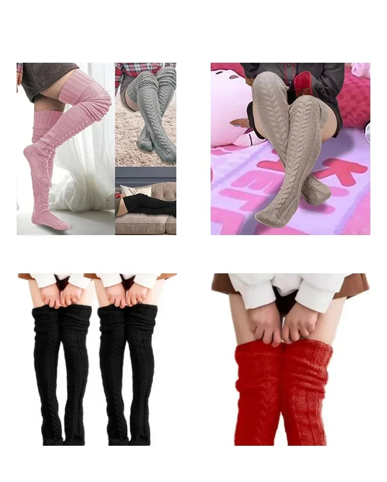 Women's Autumn Winter Thigh-High Socks - Wool & Acrylic Fibers Foot Warmers Fashion Lady Stockings with Cute Solid Color Design