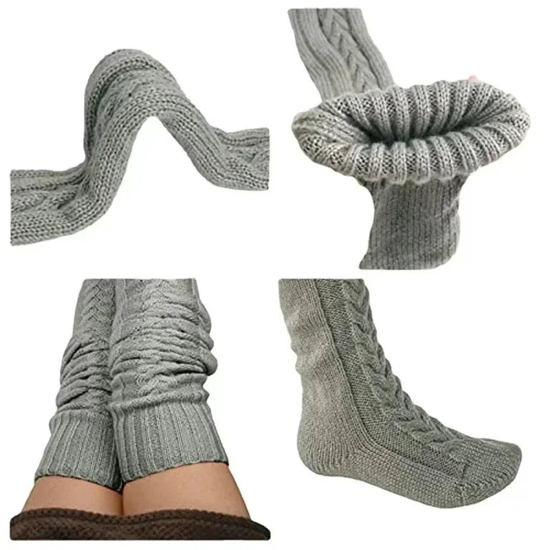 Women's Autumn Winter Thigh-High Socks - Wool & Acrylic Fibers Foot Warmers Fashion Lady Stockings with Cute Solid Color Design