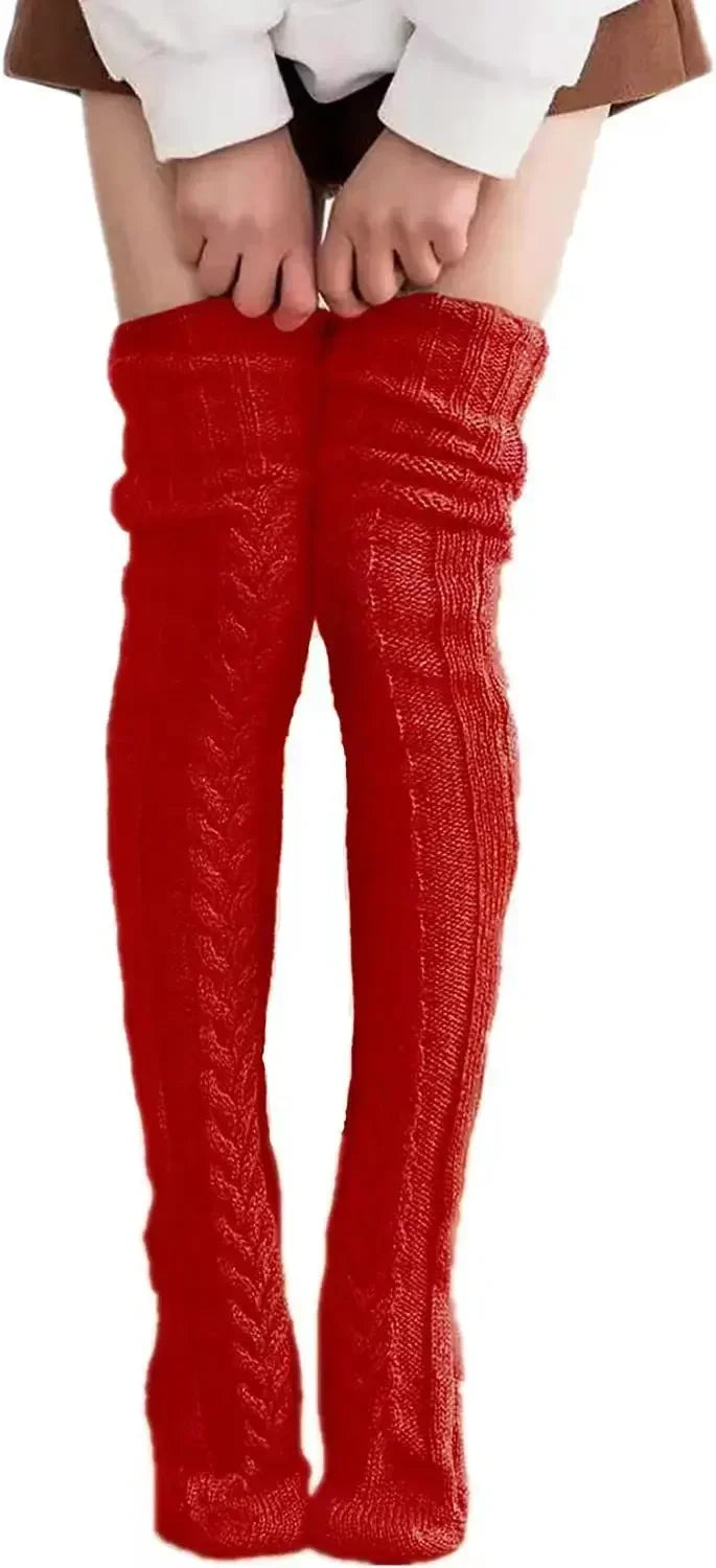 Women's Autumn Winter Thigh-High Socks - Wool & Acrylic Fibers Foot Warmers Fashion Lady Stockings with Cute Solid Color Design