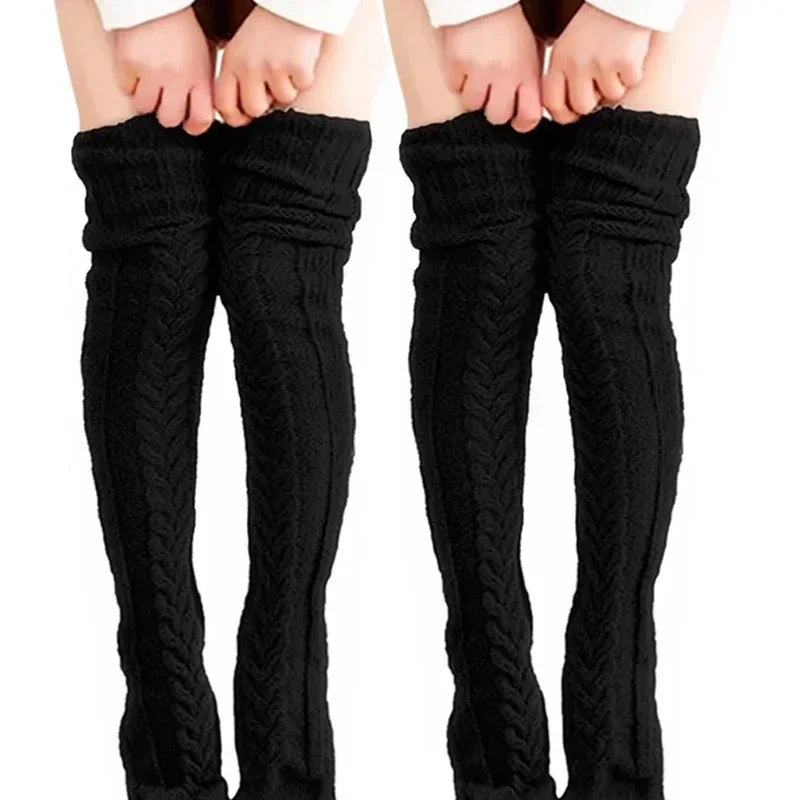 Women's Autumn Winter Thigh-High Socks - Wool & Acrylic Fibers Foot Warmers Fashion Lady Stockings with Cute Solid Color Design