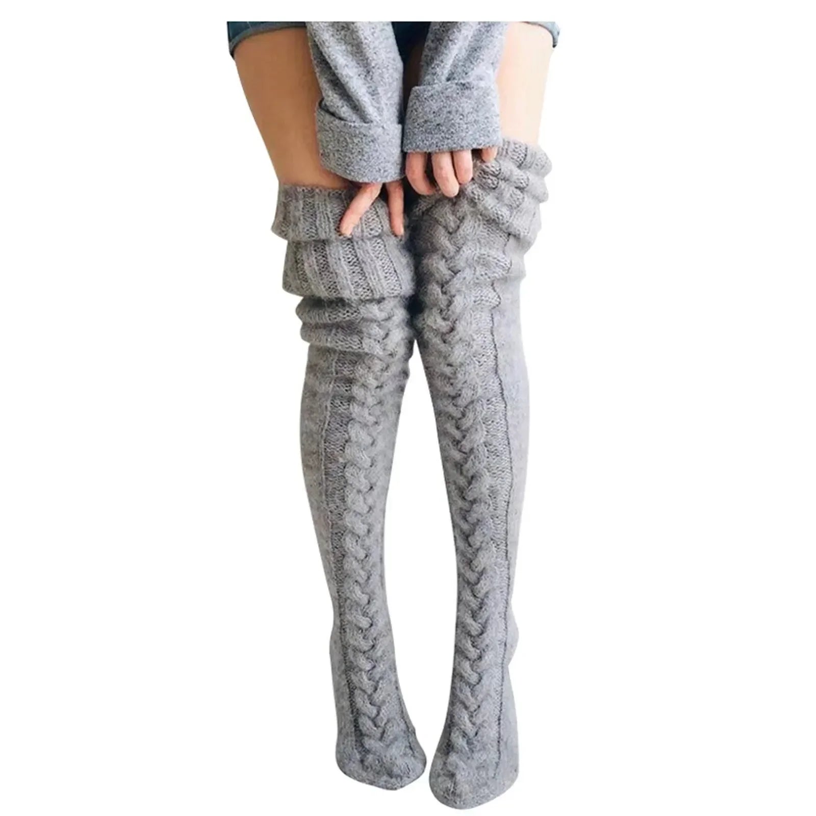 Women's Autumn Winter Thigh-High Socks - Wool & Acrylic Fibers Foot Warmers Fashion Lady Stockings with Cute Solid Color Design