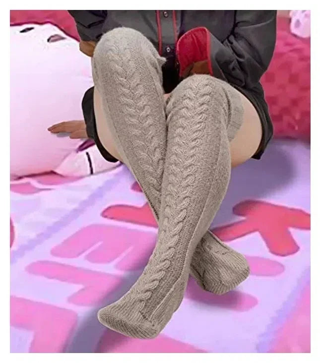 Women's Autumn Winter Thigh-High Socks - Wool & Acrylic Fibers Foot Warmers Fashion Lady Stockings with Cute Solid Color Design