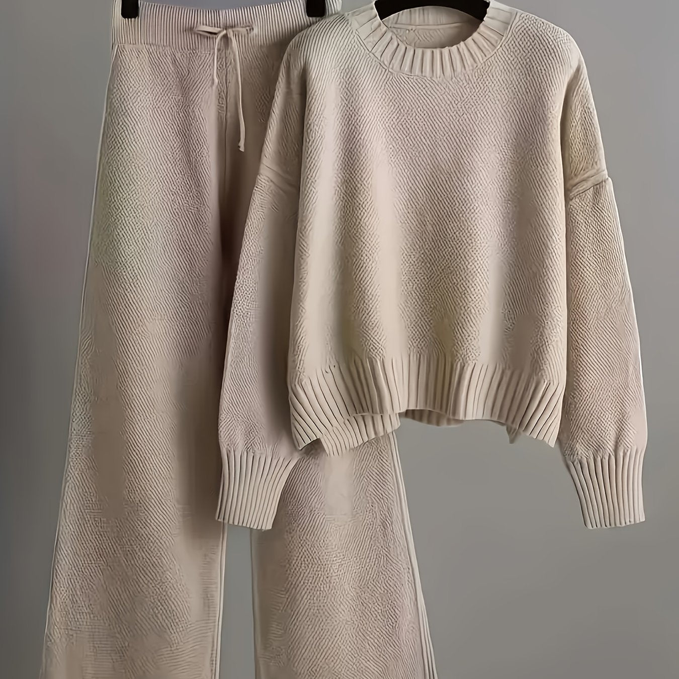 Ladies' Early Autumn New Sweater Fashion Two-piece Set: Unique Pattern Round Neck Drop Shoulder Long Sleeve Pullover + Straight Wide Leg Pants Combination, Loose And Casual Series