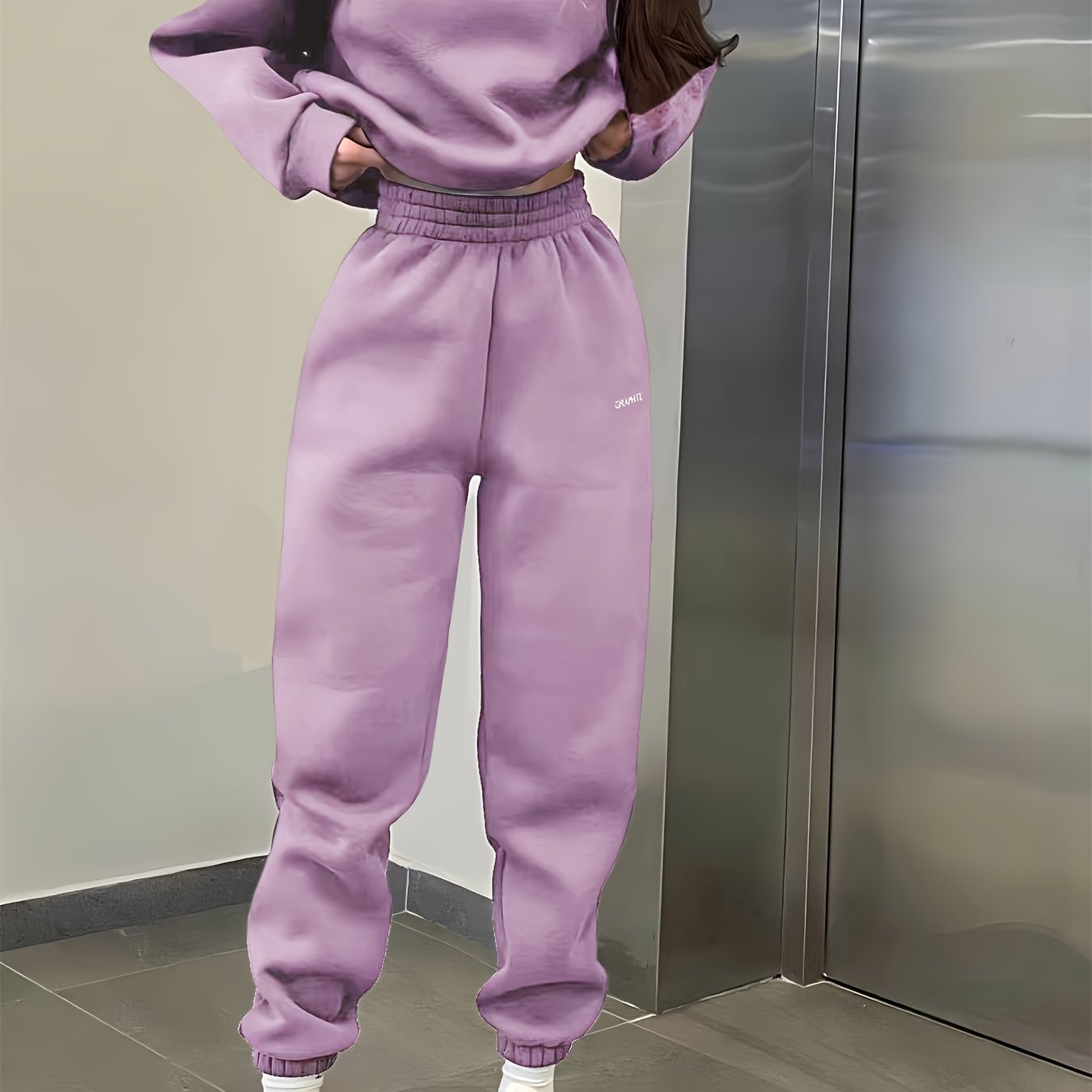 2pcs Casual Sports Set, Letter Pattern Warm Crew Neck Sweatshirt & Running Jogger Pants Suit, Women's Activewear