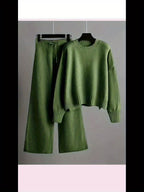 Ladies' Early Autumn New Sweater Fashion Two-piece Set: Unique Pattern Round Neck Drop Shoulder Long Sleeve Pullover + Straight Wide Leg Pants Combination, Loose And Casual Series